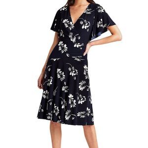 Lauren Ralph Lauren Floral Flutter - Sleeve Navy And White Women's Dress size 6